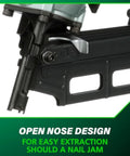Close-up of Pro Preferred Framing Nailer For Fast Reliable Pneumatic Power For Flooring Roof Decking and More showing open nose design