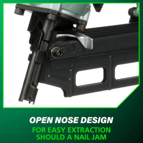 Close-up of Pro Preferred Framing Nailer For Fast Reliable Pneumatic Power For Flooring Roof Decking and More showing open nose design