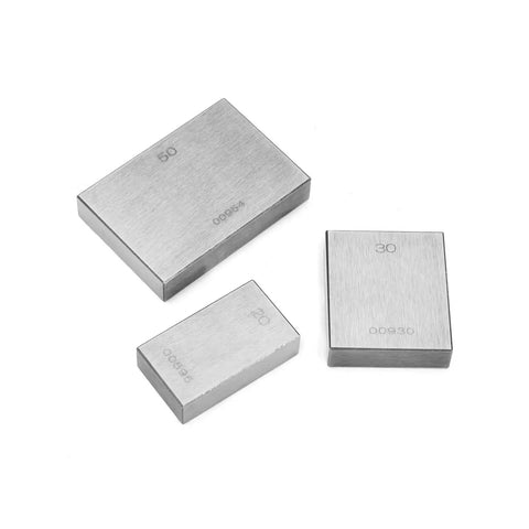 Dead Nuts Accurate Heat Treated Eighty Three Piece HSS Steel Gauge Block Kit with three hardened steel blocks marked 20, 30, and 50.