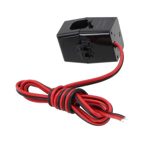 Straight Up Dead On Miniature Split Ferrite Clamp Current Sensor 50A To 200A Range black sensor with red and black low resistance leads.