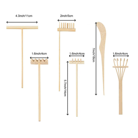Mini Zen Garden Rake Tools Set With 24 Pieces, bamboo rakes for desk, shown with measurements for DIY decor and meditation.