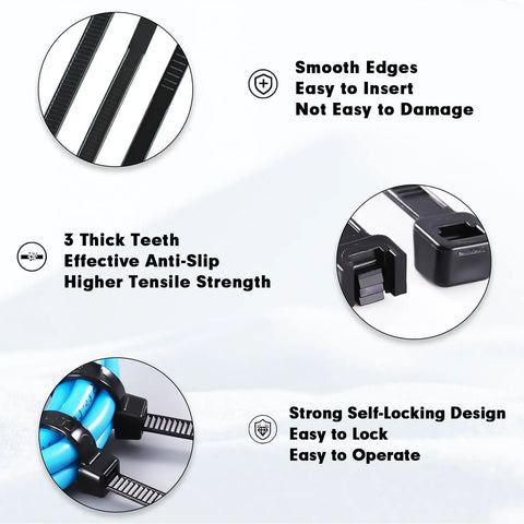 Close-up of Heavy Duty Self Locking Nylon Zip Ties 1500 Piece Set 12 Inch Long Black Cable Ties with Fifty Pound Tensile Strength.