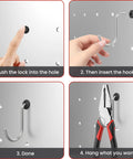 Installation steps for 100 Pack Pegboard Hook Locks Stoppers for One Quarter Inch Peg Boards, Keep Hooks From Falling Off, Silicone Rubber Pegboard Accessories, Black, Easy Install, Durable, No Fuss Organization.