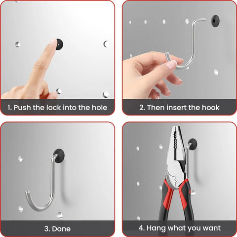 Installation steps for 100 Pack Pegboard Hook Locks Stoppers for One Quarter Inch Peg Boards, Keep Hooks From Falling Off, Silicone Rubber Pegboard Accessories, Black, Easy Install, Durable, No Fuss Organization.