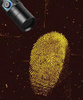 365nm UV Flashlight Blacklight For Minerals And Rock Hunting, highlighting a fingerprint pattern on a dark surface