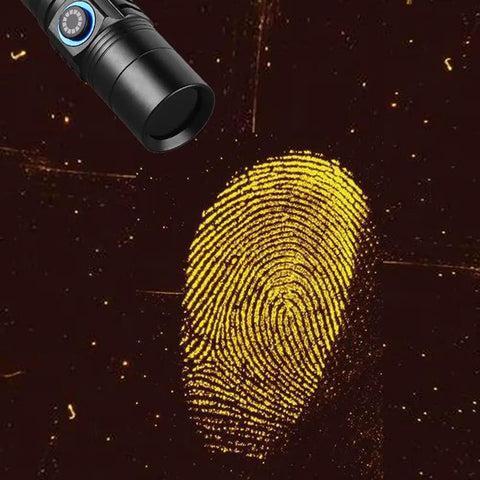 365nm UV Flashlight Blacklight For Minerals And Rock Hunting, highlighting a fingerprint pattern on a dark surface