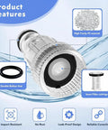 Five Pack Water Inlet Filter Connector Replacement Kit For Three Quarter Inch Pressure Washer Inlet To Garden Hose Adapters Easy Connect For Quick Hookup Compatible With Twenty Volt Max DCPW550 Cordless Washer featuring durable rubber seal and inner filter cartridge, showcasing product features highlighting high clarity PC material on a blue background.