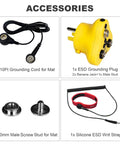 4 In 1 ESD Grounding Kit With Anti Static Wrist Strap ESD Plug Screw Stud And 10 Ft Grounding Cord With 2 Banana Jacks For Antistatic Bench Table Floor Mat Ground By Outlet Socket Silicone Wristband showing accessories