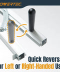 Pro Grade Table Saw Tapering Jig With 24 Inch Aluminum Rails showing quick reversal mechanism for left or right-handed use.