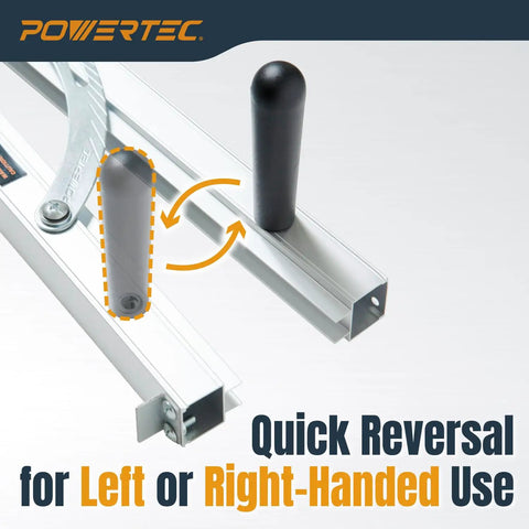 Pro Grade Table Saw Tapering Jig With 24 Inch Aluminum Rails showing quick reversal mechanism for left or right-handed use.