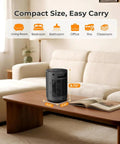 Small Space Ceramic Heater For Indoor Use on coffee table showing dimensions, ideal for living room, office, or RV use.