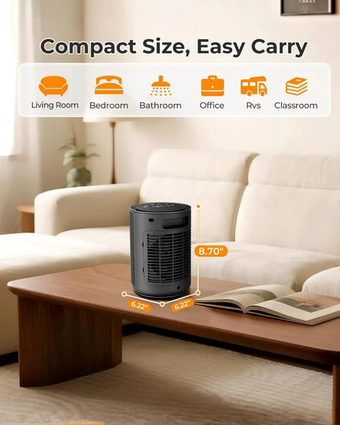 Small Space Ceramic Heater For Indoor Use on coffee table showing dimensions, ideal for living room, office, or RV use.