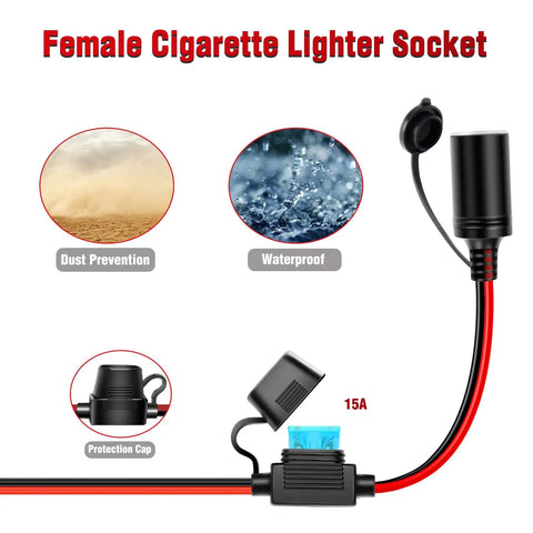 Heavy Duty Alligator Clamp Extension Cable To Female Cigarette Lighter Socket Adapter with protection cap and waterproof features.