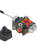 Two-spool hydraulic directional control valve with joystick, SAE ports, metal body and orange port plugs.