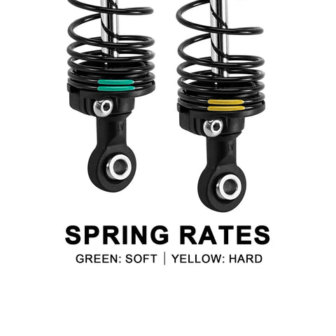 Close-up of 88mm Oil Shocks With Progressive Springs For 1/16 Mini Maxx Mini XRT RC Car, showcasing green and yellow spring rates.
