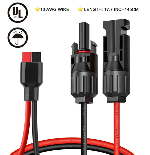 10 AWG Solar Panel Extension Cable Kit with Solar Connector and ADS Port Adapter, heavy duty copper wire, 17.7 inch length.