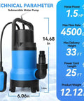 No Stress Heavy Duty 1.5HP Submersible Sump Pump Moving Four Thousand Five Hundred Gallons Per Hour With Twenty Five Foot Cord, showing dimensions.