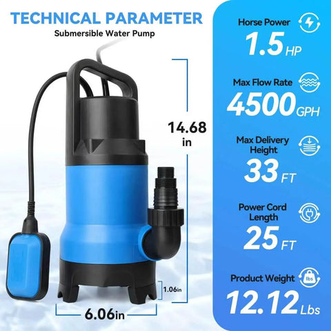 No Stress Heavy Duty 1.5HP Submersible Sump Pump Moving Four Thousand Five Hundred Gallons Per Hour With Twenty Five Foot Cord, showing dimensions.