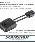 Horizontal Double Cable Seal For Solar Panels Black, Supports Two Cables 5mm And 6mm In Any Combo, Compact 54mm Wide By 63mm Long By 24mm High, shown installed.