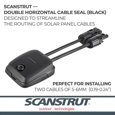 Horizontal Double Cable Seal For Solar Panels Black, Supports Two Cables 5mm And 6mm In Any Combo, Compact 54mm Wide By 63mm Long By 24mm High, shown installed.