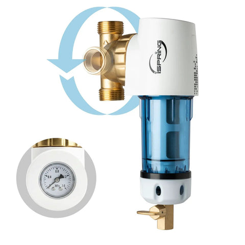 Reusable Spin Down Sediment Water Filter, 50 Micron, Built-In Housing Scraper, 360 Degree Rotatable Head, Pressure Gauge, Blue