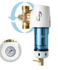 Reusable Spin Down Sediment Water Filter 100 Micron With Built In Housing Scraper, blue body, brass fittings, pressure gauge visible.