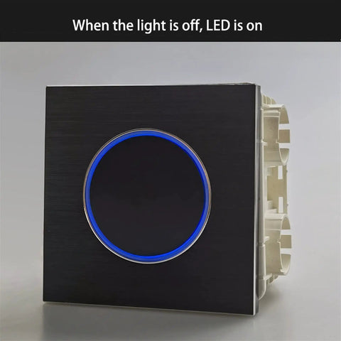 LED Round Button Push-Return Wall Light Switch 1-4 Gang 86x86mm Brushed Aluminum Panel, 2 Way, Fireproof, LED indicator