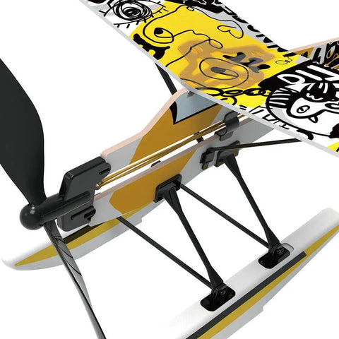 Close view of the Rubber Band Airplane Seaplane STEM Kit For Kids Ready To Fly Educational Airship Toy wing design and framework.