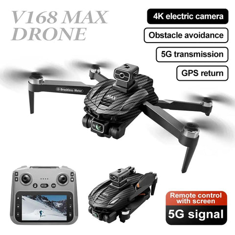 GPS Drone With Pro Grade 4K Dual Cameras And 4.5 Inch LCD Remote showcasing foldable design, brushless motors, and obstacle avoidance features.