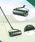 Rolling Lawn Aerator With Ergonomic Handle And Sand Or Stone Fill 18 Inch Wide Dethatching Tool showing dimensions and nails.