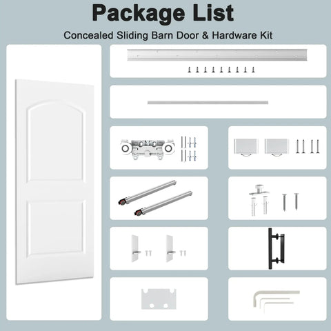 Ready To Paint White Primer Raised Two Panel Sliding Barn Door With Hella Smooth Soft Close Hardware package list image.