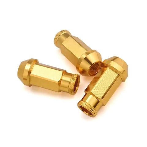 Wheel Bolts 20 Piece Universal Lug Nuts And Tire Screws Set For Cars Heavy Duty High Tensile Alloy Steel Heat Treated Anti Break Precise Threading Fits Wheel Hub Replacement Parts, showing three gold bolts.