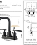Matte Black 4 Inch Centerset Bathroom Faucet With Two Handles High Arc Lavatory Sink Tap Lift Rod Drain Stopper And 360 Degree Rotation dimensions