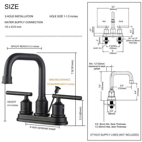 Matte Black 4 Inch Centerset Bathroom Faucet With Two Handles High Arc Lavatory Sink Tap Lift Rod Drain Stopper And 360 Degree Rotation dimensions