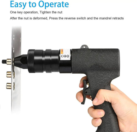 Pro Grade Heavy Duty Pneumatic Rivet Nut Gun Kit With Self Locking Head And Quick Change Mandrels, ergonomic handle in use