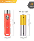 Size comparison of Tiny Pocket Sized USB C Rechargeable Keychain Flashlight with AA battery, orange ultra compact EDC light.
