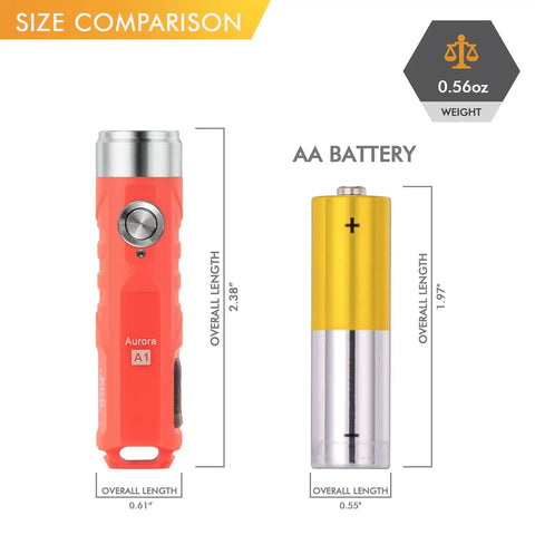 Size comparison of Tiny Pocket Sized USB C Rechargeable Keychain Flashlight with AA battery, orange ultra compact EDC light.