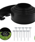 33 Ft Flexible Paver Edging Kit With 30 Rust-Resistant Stakes, 4 Inch Tall Lawn Border, Recycled Plastic, stakes and tool shown