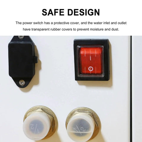 Close-up of 12V Diesel Tankless Water Heater For RV And Camper Vans power switch and water inlet with protective covers.