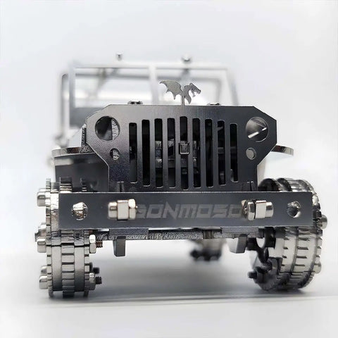 3D Metal Car Puzzle Model Kit With Mechanical Iron Blood Design, Dope DIY Buildable Vehicle For Adults Teens Men And Women, Stainless Steel Craft Kit For Collectors And Hobbyists Who Love Hands On Projects. Front view of stainless steel metal car puzzle kit with dragon detail