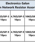 Electronics-Salon Thick Film Resistor Assortment Kit: 470Ω–47kΩ, 10pcs each, SIP-5 & SIP-9