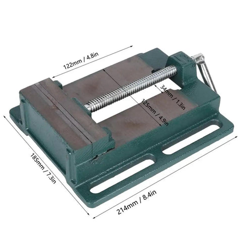 Beefy Five Inch Machine Vise With Widened Jaws For Woodworking And Drill Press Tasks, showcasing dimensions and heavy-duty structure.