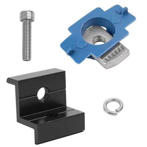 20 Pcs Heavy Duty Aluminum Solar Panel End Clamps For 30Mm And 35Mm Modules paired with stainless steel fasteners including a black clamp, bolt, and washer.