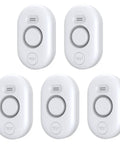 Five white water leak detector alarms with test buttons, part of Water Leak Detector Alarm With 4 Rear Probes And 2 Front Drip Probes Wireless Flood Monitor.