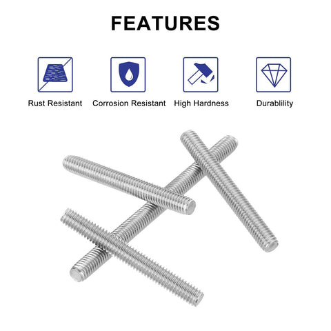 Three stainless steel M6 x 25mm threaded rods with right-hand threads on white background
