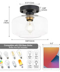 Diagram of Semi Flush Mount Ceiling Light With Matte Black Finish And 8.66 Inch Clear Hand Blown Glass Shade, size comparisons with bulbs and tablet