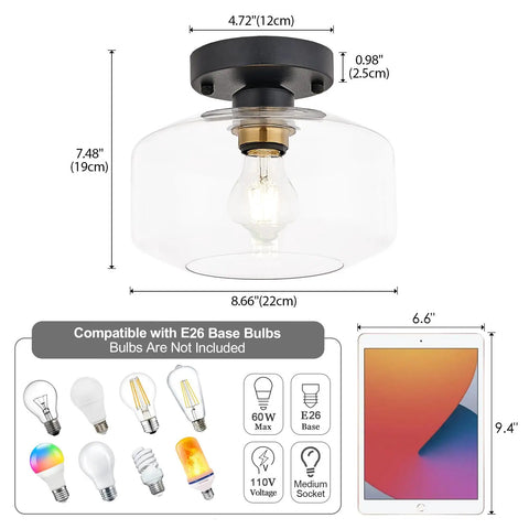 Diagram of Semi Flush Mount Ceiling Light With Matte Black Finish And 8.66 Inch Clear Hand Blown Glass Shade, size comparisons with bulbs and tablet