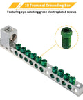 Heavy Duty Ten Terminal Grounding Bar Kit For Eaton Br Ch Load Centers Breaker Box Electrical Panel Upgrades showing 10 copper terminals with green screws.