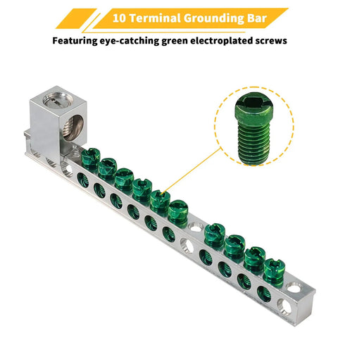 Heavy Duty Ten Terminal Grounding Bar Kit For Eaton Br Ch Load Centers Breaker Box Electrical Panel Upgrades showing 10 copper terminals with green screws.
