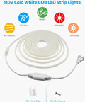Outdoor Waterproof COB LED Strip Lights 65.6 Ft 6000K Cool White 288 LEDs Per Meter AC 100 To 120V Dimmable With Remote Plug N Play